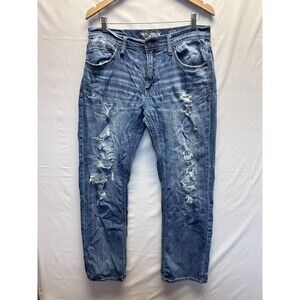 BKE Jake Jeans 34L Men's 34x31 Blue Bootleg Stretch Distressed Whiskered Denim